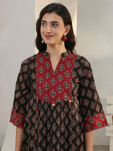 Libas Black Ethnic Printed Cotton A-Line Short Kurti