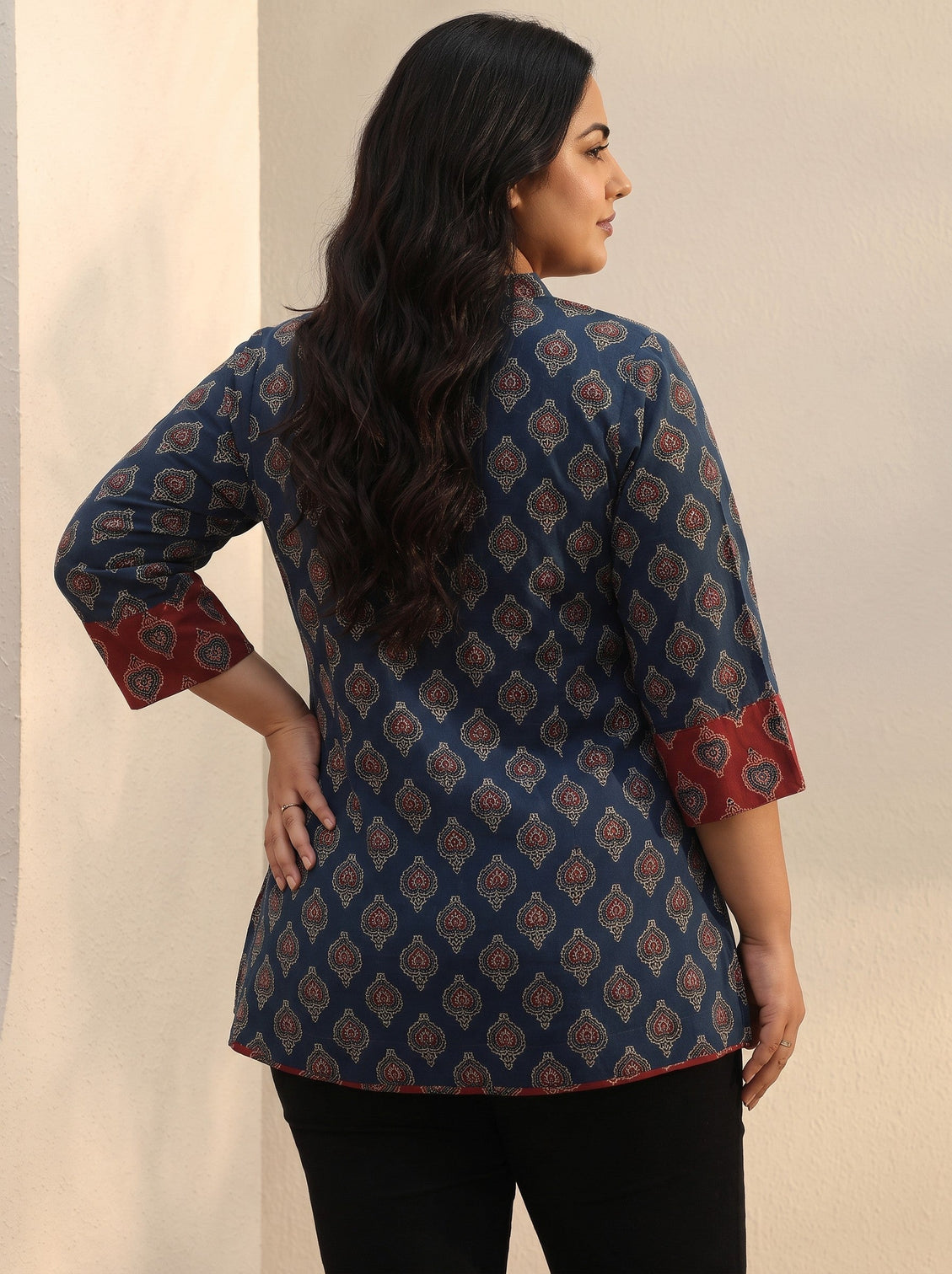 Plus Size Blue Ajarkh Printed Cotton A-Line Short Kurti