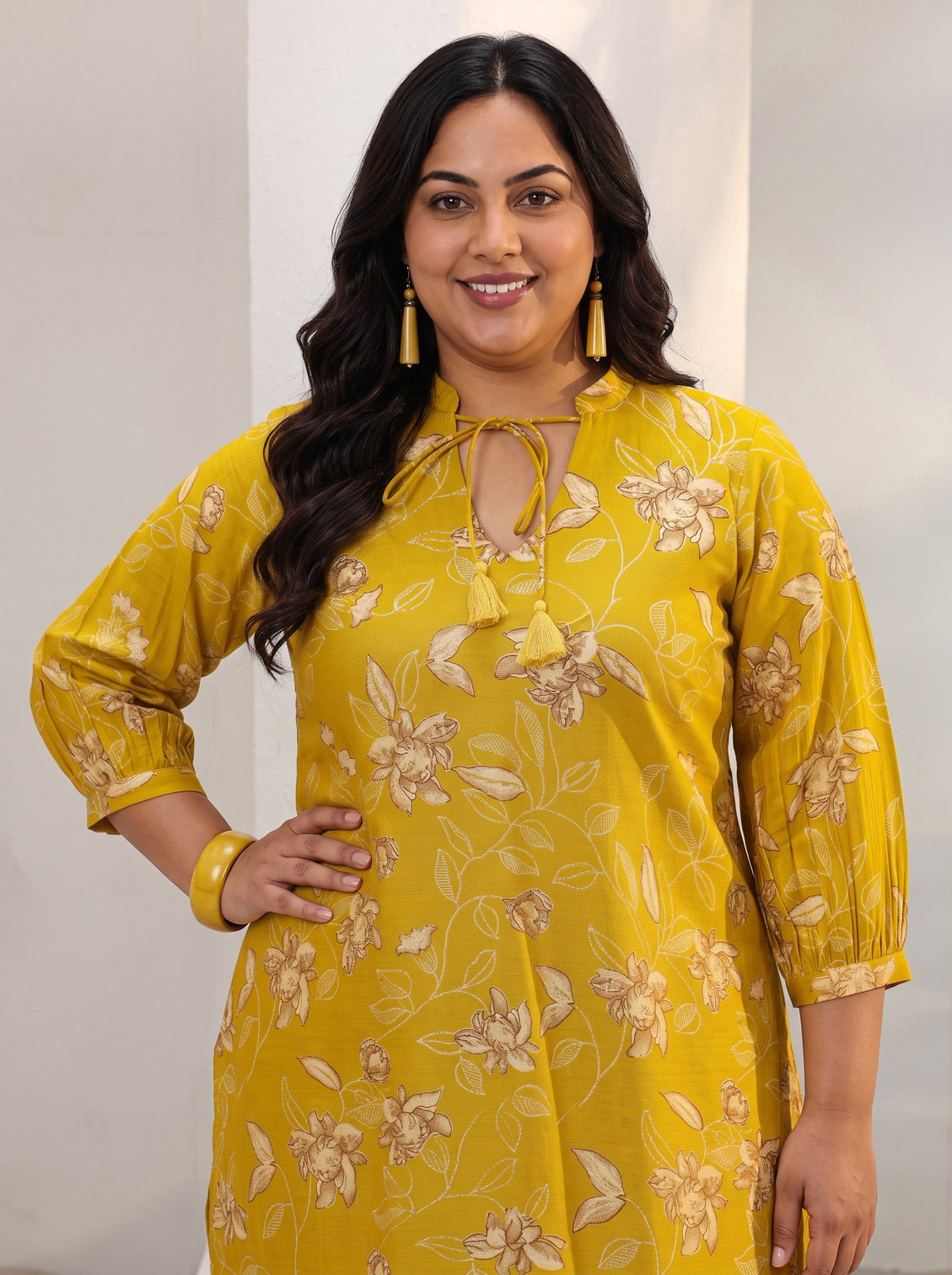 Plus Size Mustard Floral Printed Silk Blend Straight Tie-Up Short Kurti