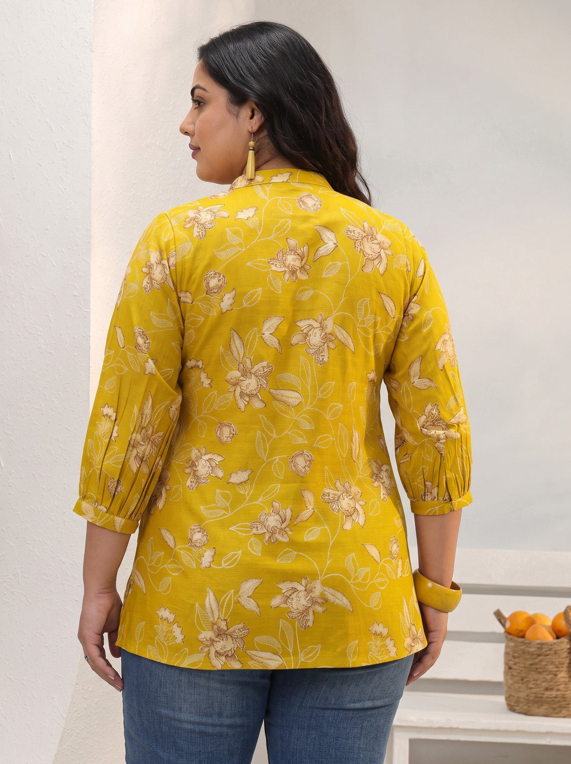 Plus Size Mustard Floral Printed Silk Blend Straight Tie-Up Short Kurti