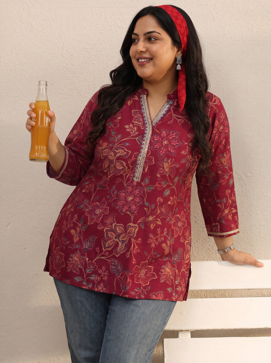 Plus Size Maroon Floral Printed Silk Blend Straight Short Kurti