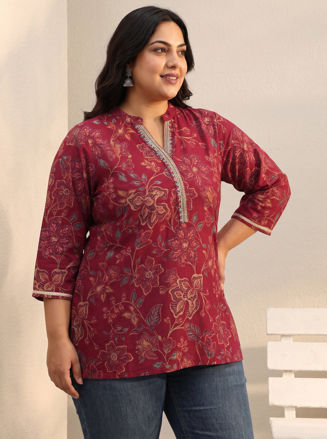 Plus Size Maroon Floral Printed Silk Blend Straight Short Kurti