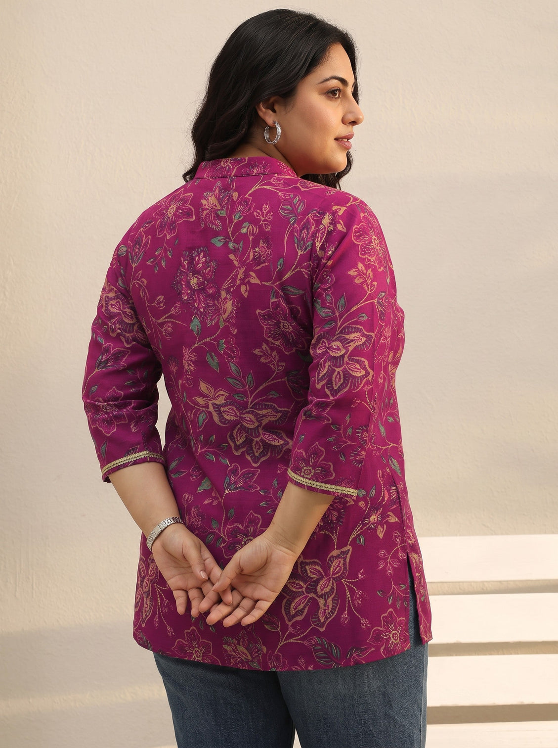 Plus Size Magenta Floral Printed Silk Blend Straight Short Kurti
