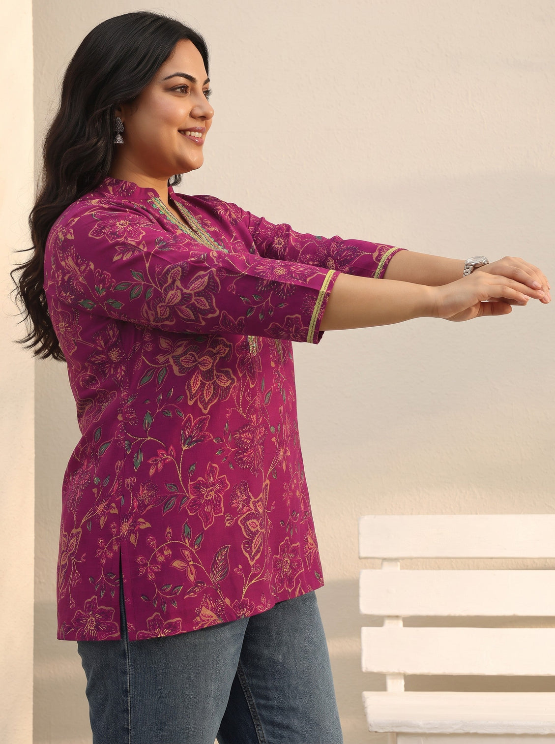 Plus Size Magenta Floral Printed Silk Blend Straight Short Kurti