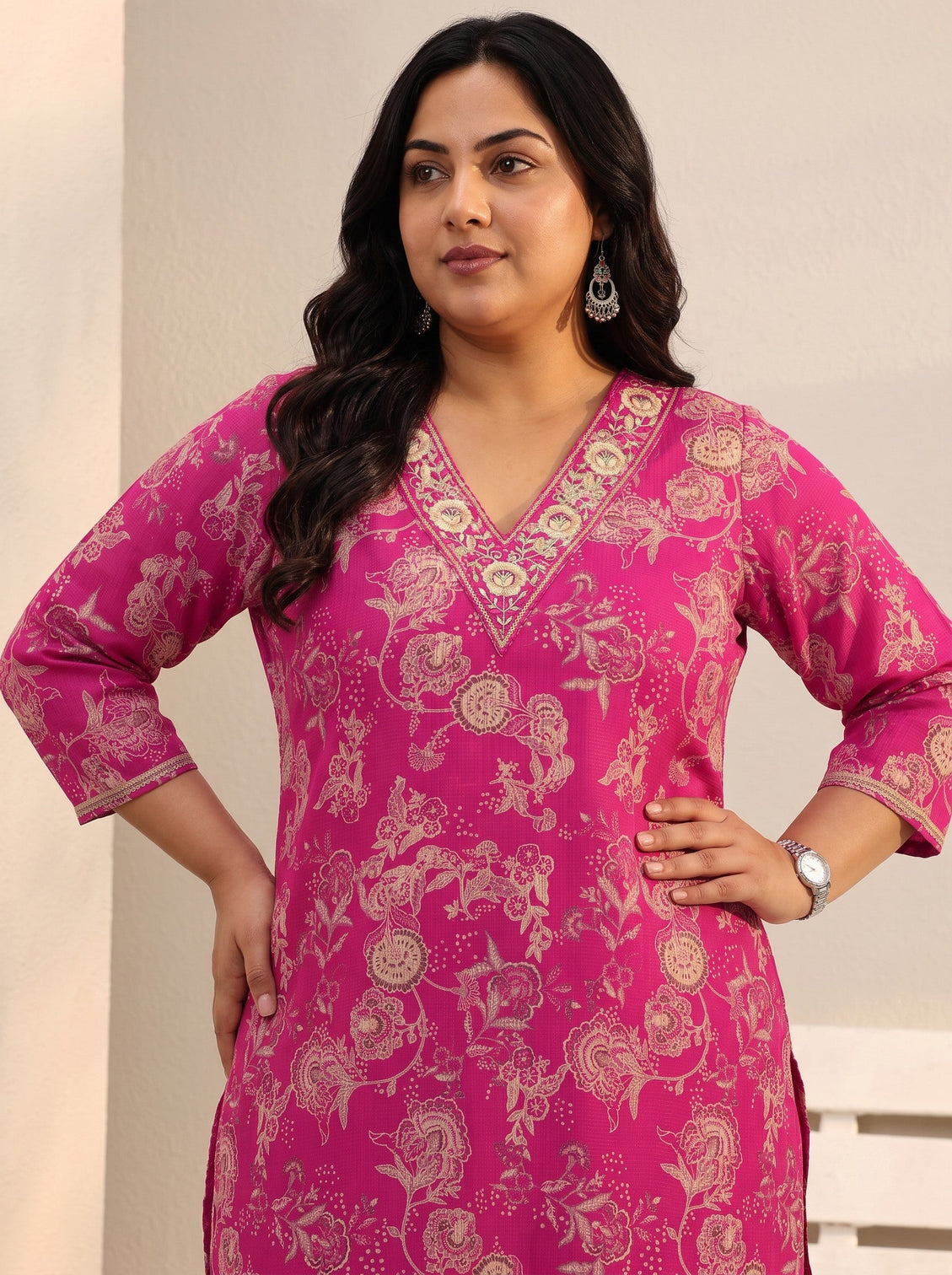 Plus Size Pink Floral Printed Silk Blend Straight Short Kurti