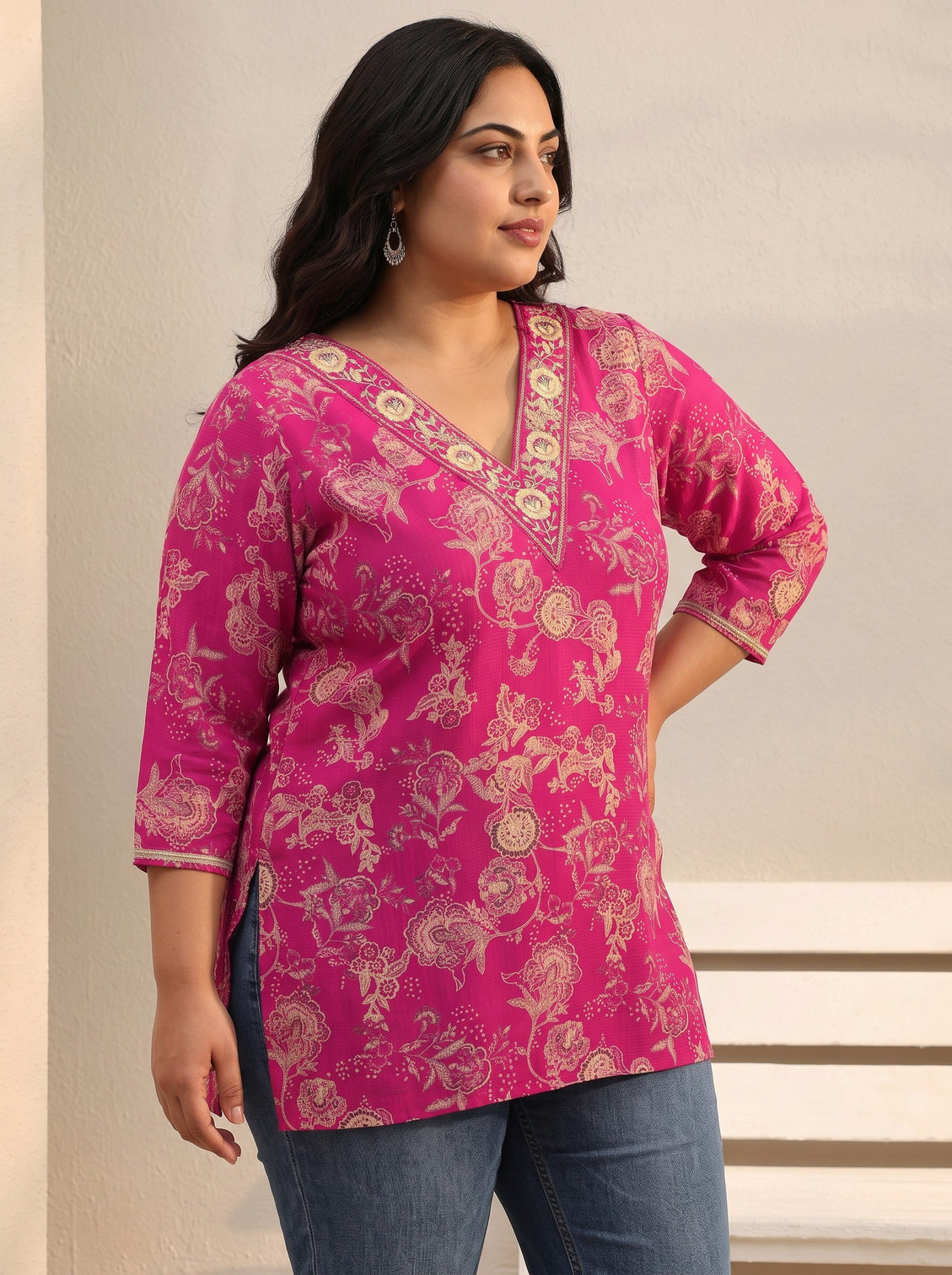 Plus Size Pink Floral Printed Silk Blend Straight Short Kurti