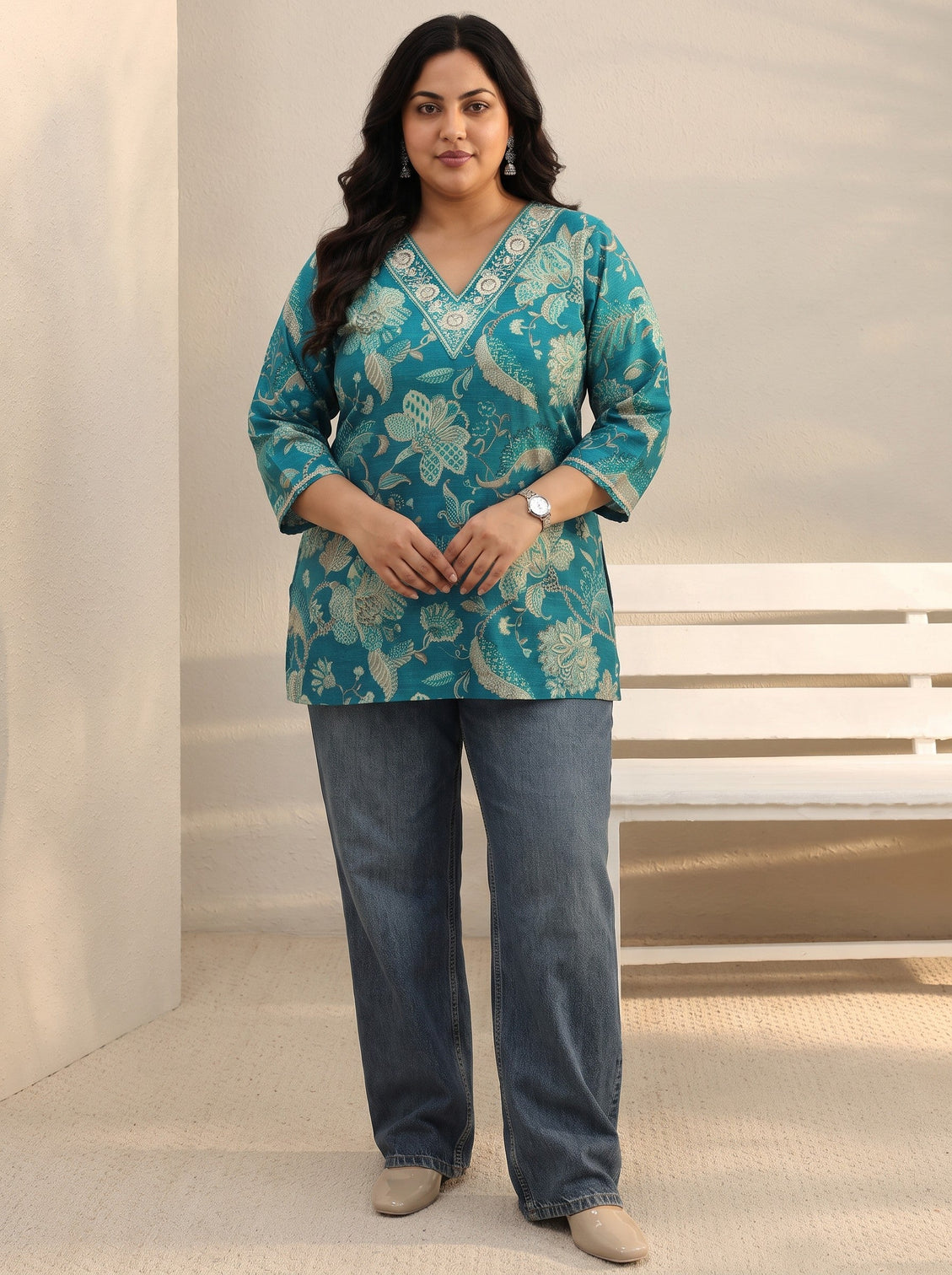 Plus Size Blue Floral Printed Silk Blend Straight Short Kurti