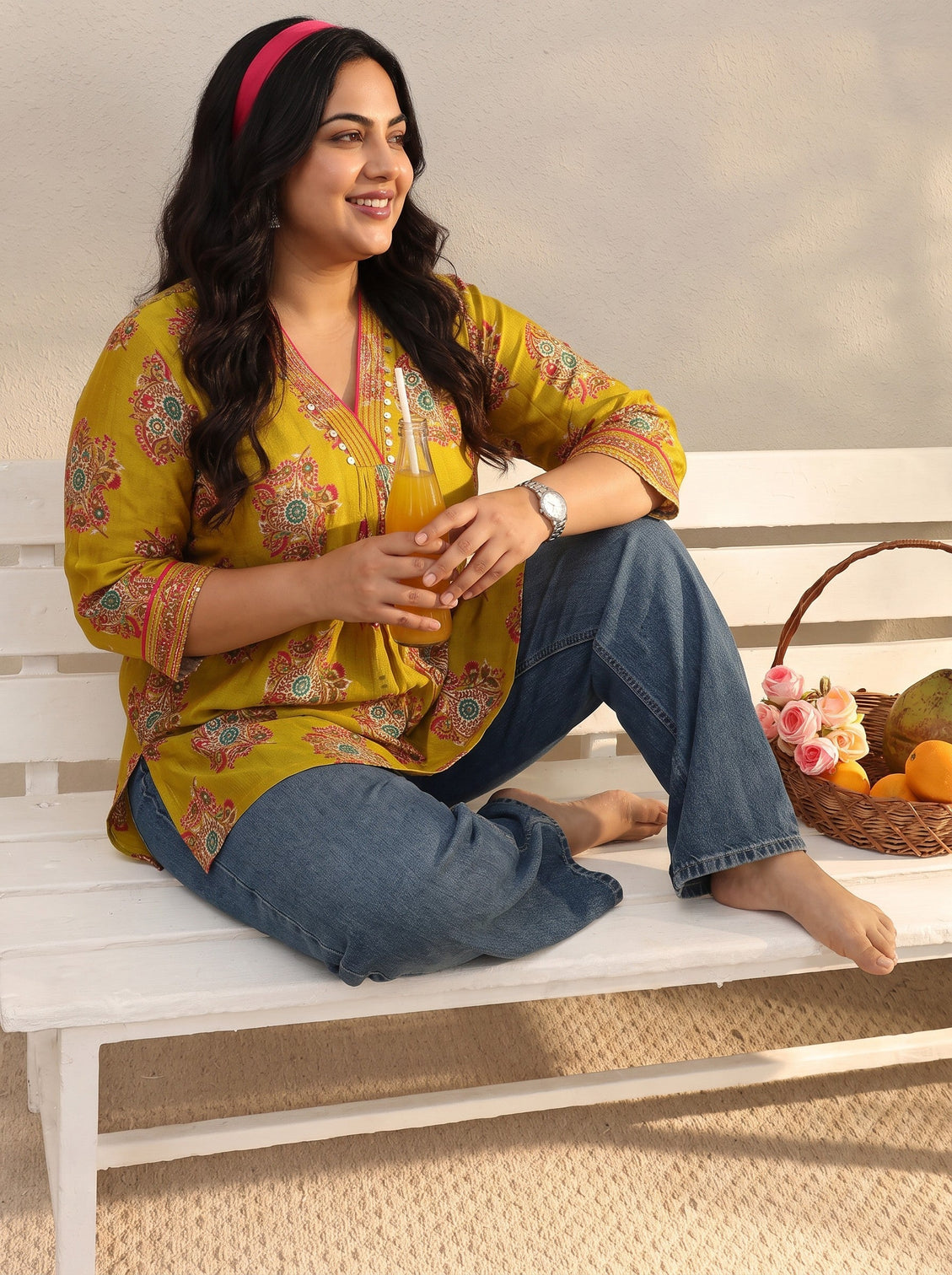 Plus Size Green Ethnic Printed Silk Blend A-Line Short Kurti