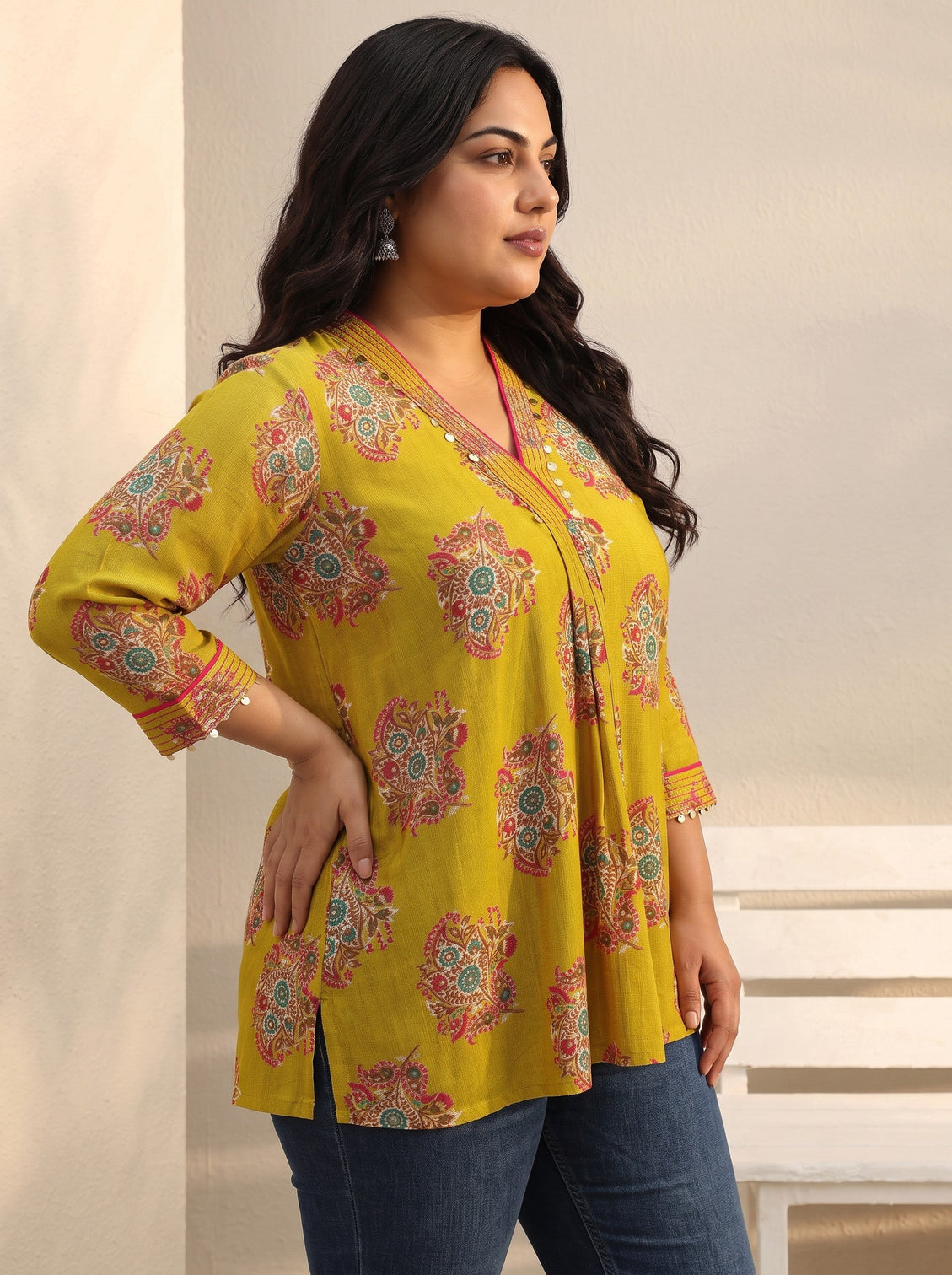 Plus Size Green Ethnic Printed Silk Blend A-Line Short Kurti