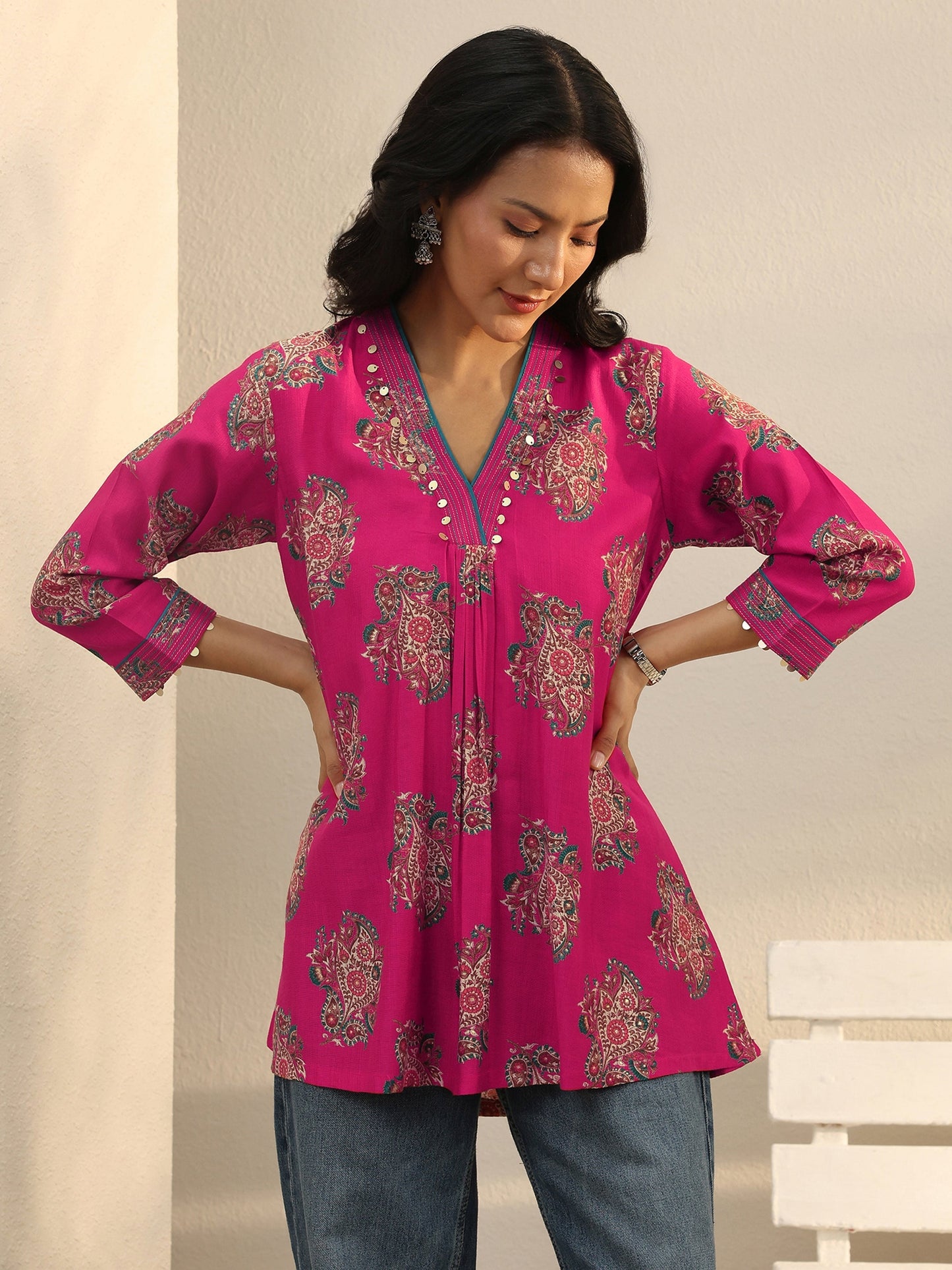 Libas Pink Ethnic Printed Silk Blend A-Line Short Kurti