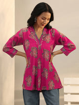 Libas Pink Ethnic Printed Silk Blend A-Line Short Kurti