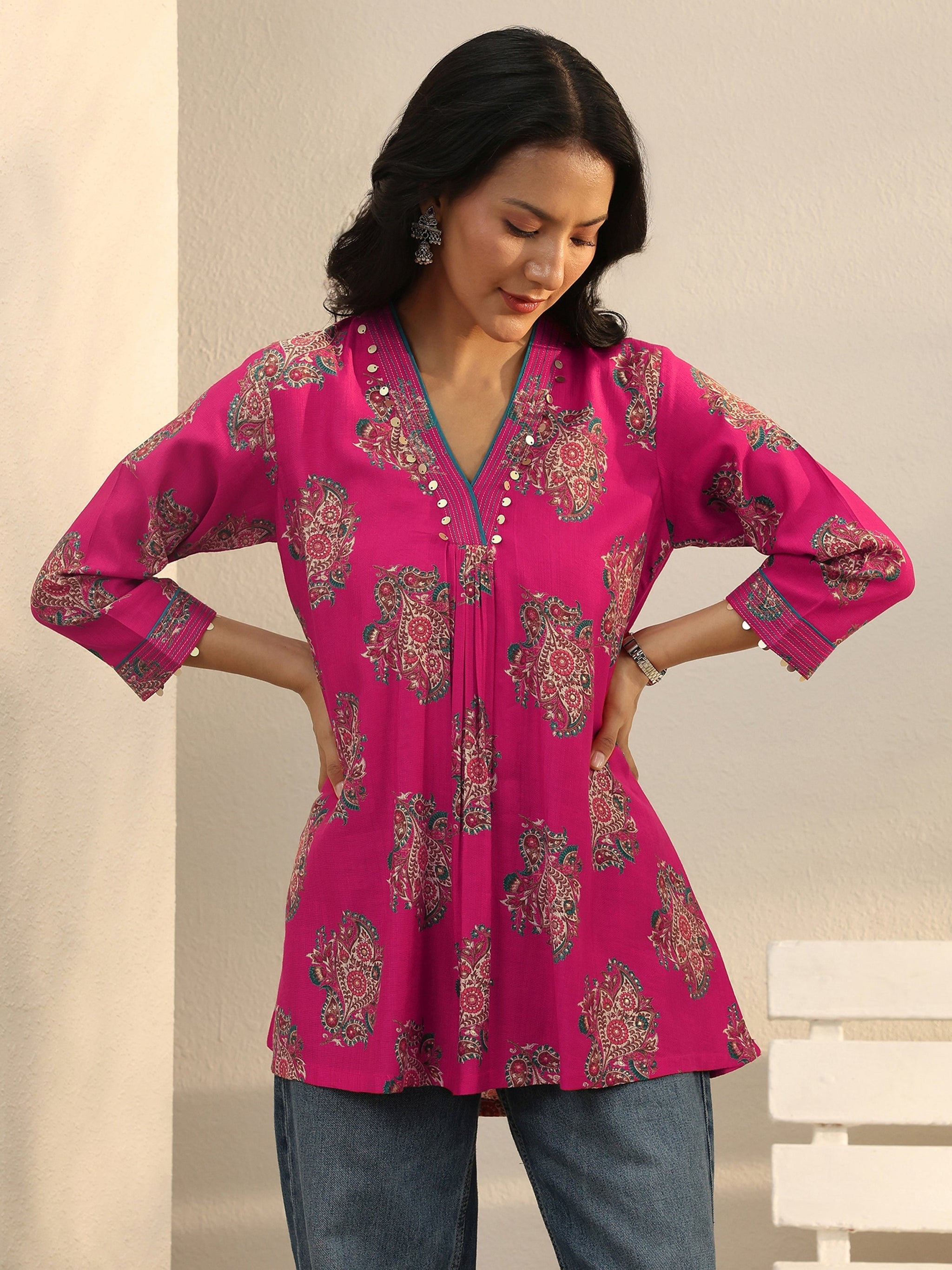 Libas Pink Ethnic Printed Silk Blend A-Line Short Kurti