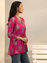 Libas Pink Ethnic Printed Silk Blend A-Line Short Kurti