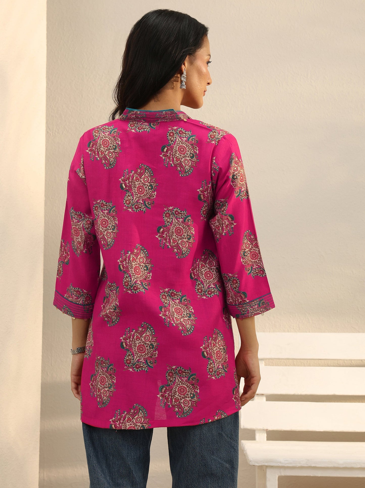 Libas Pink Ethnic Printed Silk Blend A-Line Short Kurti