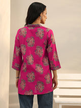 Libas Pink Ethnic Printed Silk Blend A-Line Short Kurti