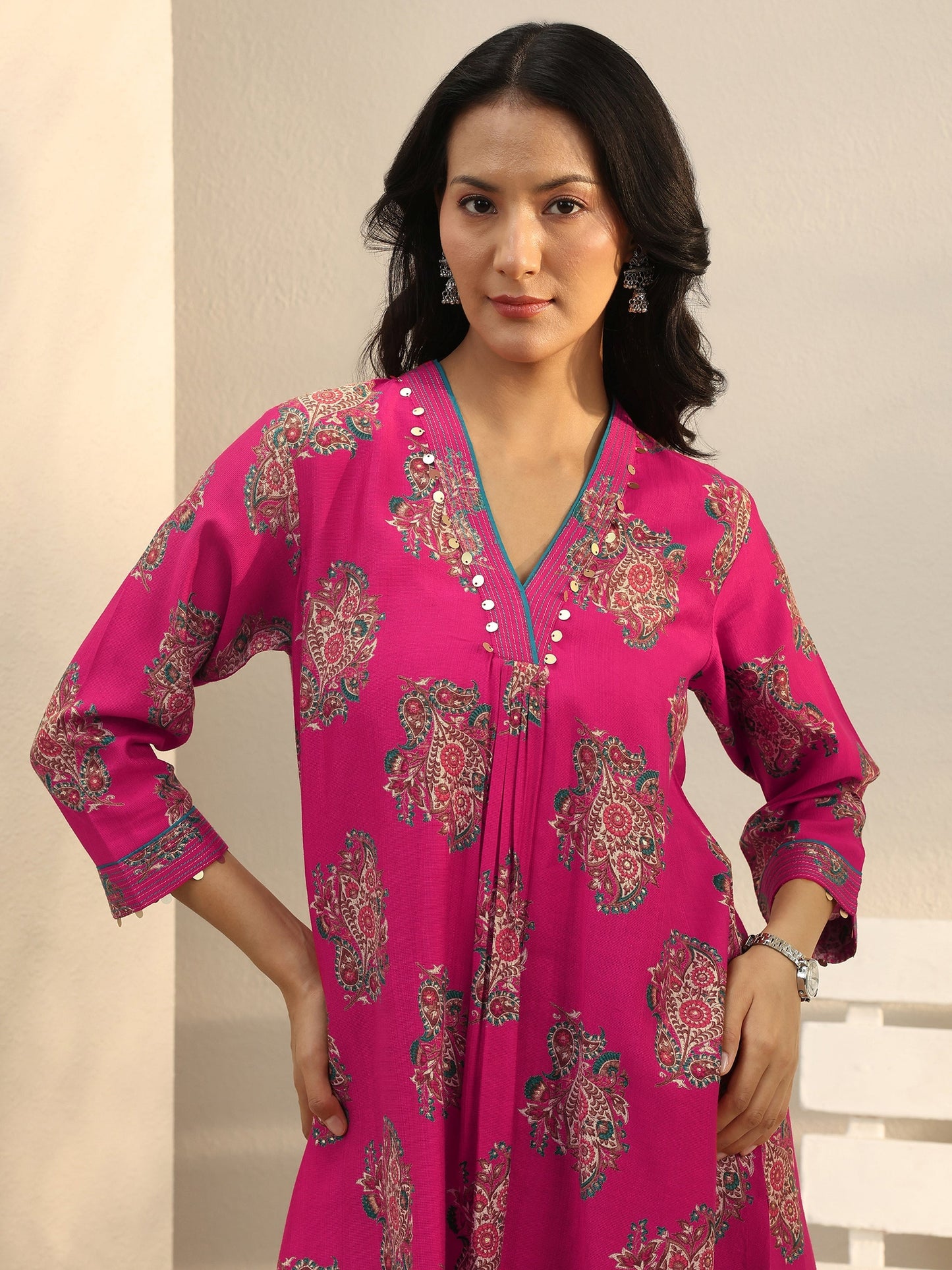 Libas Pink Ethnic Printed Silk Blend A-Line Short Kurti