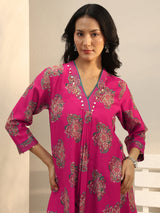 Libas Pink Ethnic Printed Silk Blend A-Line Short Kurti