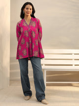 Libas Pink Ethnic Printed Silk Blend A-Line Short Kurti