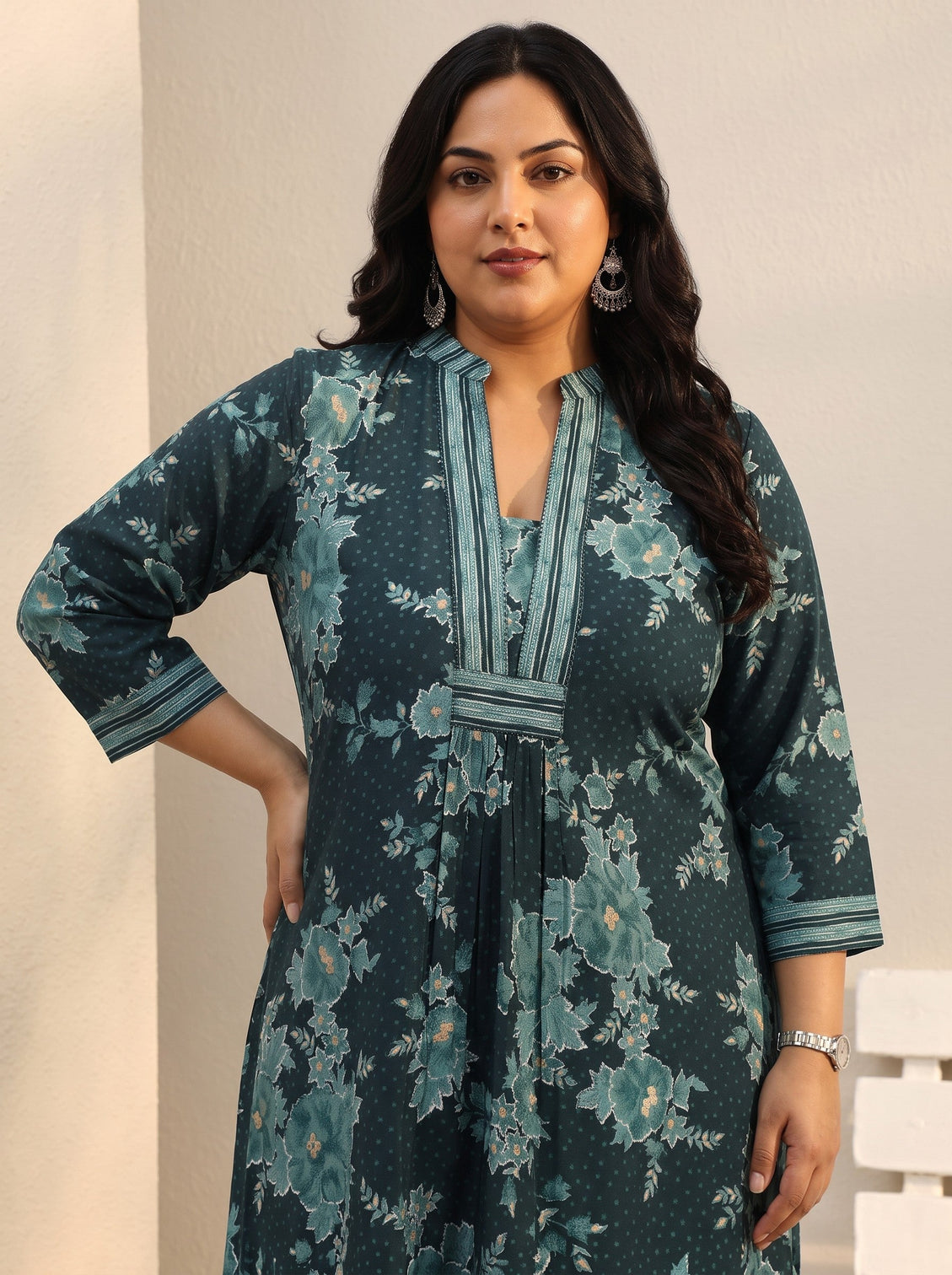 Plus Size Teal Floral Printed Silk Blend Straight Short Kurti