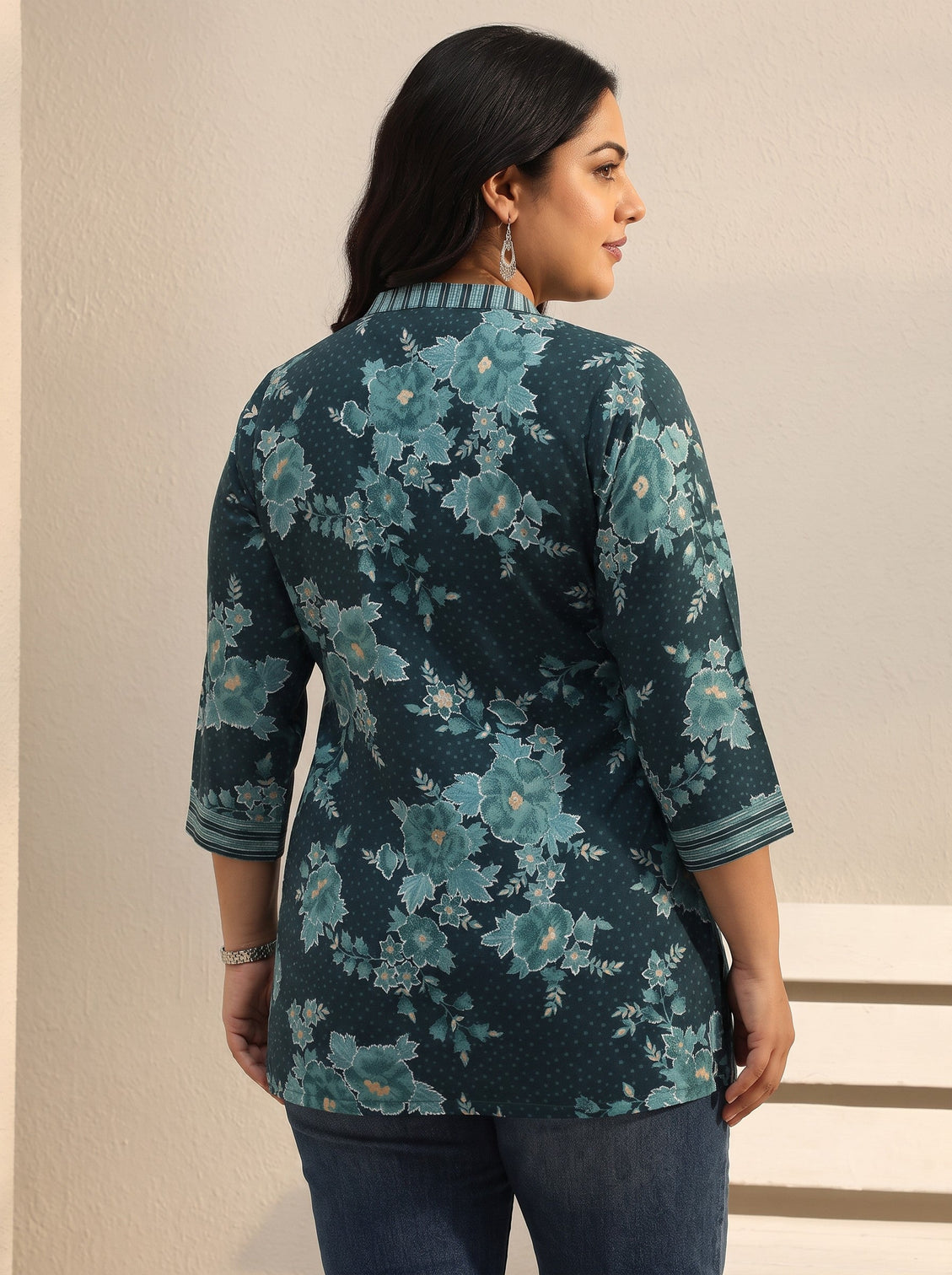 Plus Size Teal Floral Printed Silk Blend Straight Short Kurti