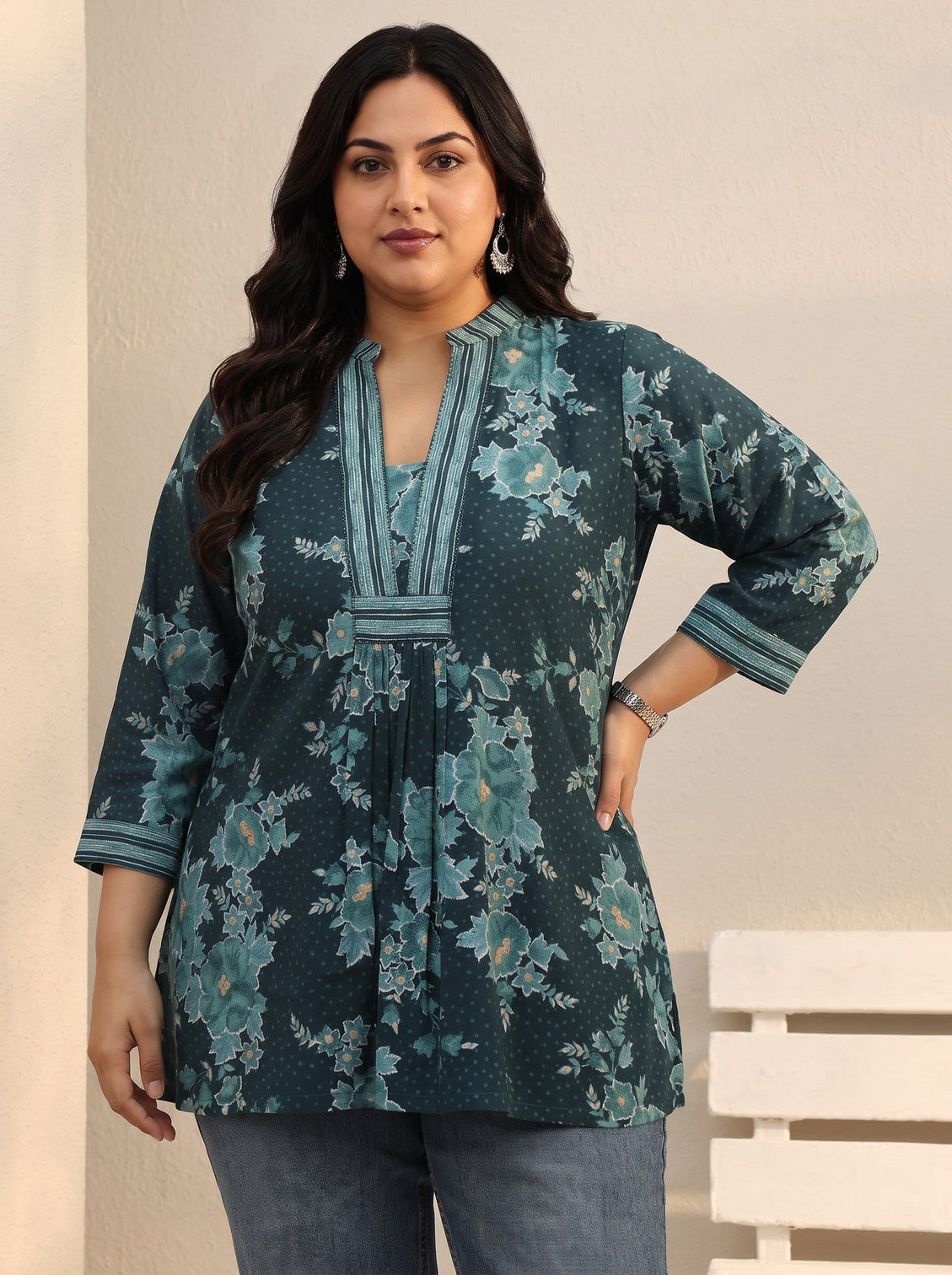Plus Size Teal Floral Printed Silk Blend Straight Short Kurti