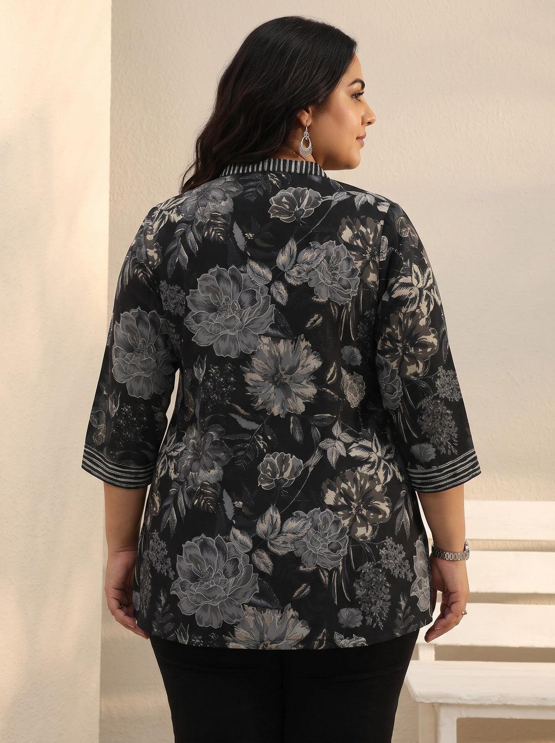 Plus Size Black Floral Printed Silk Blend Straight Short Kurti