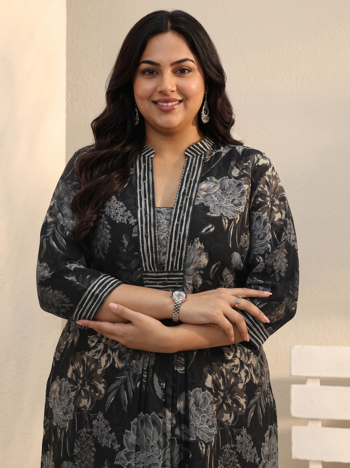 Plus Size Black Floral Printed Silk Blend Straight Short Kurti