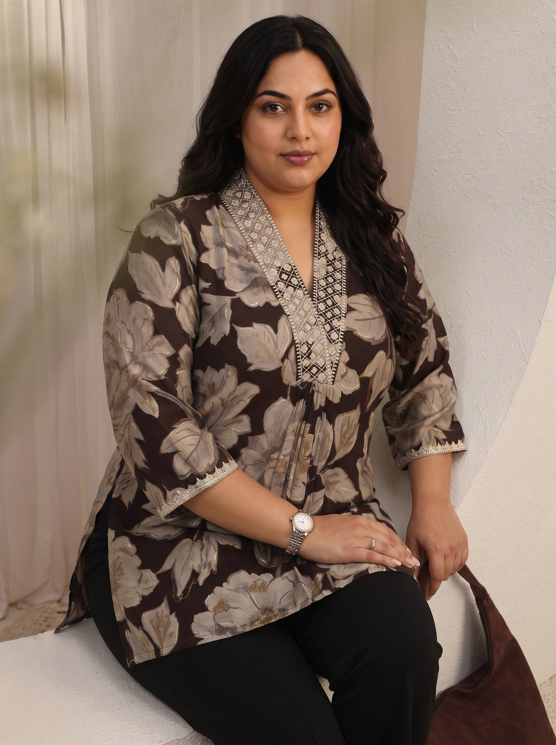 Plus Size Brown Floral Printed Silk Blend Straight Short Kurti
