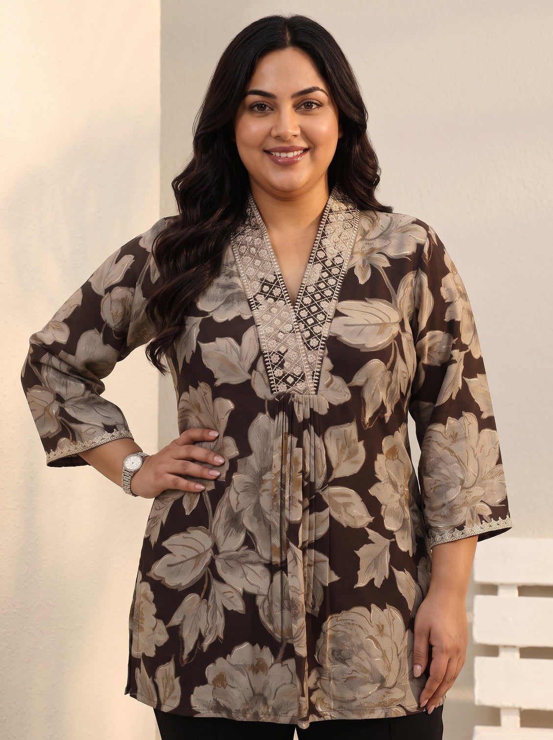 Plus Size Brown Floral Printed Silk Blend Straight Short Kurti
