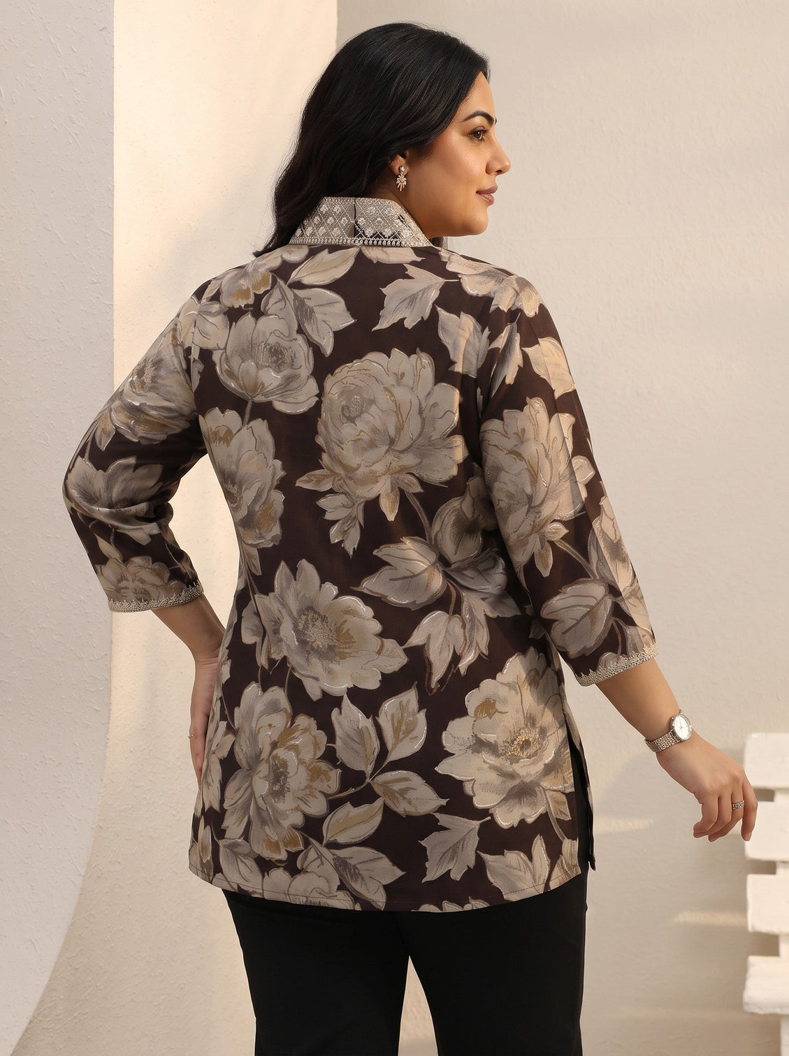 Plus Size Brown Floral Printed Silk Blend Straight Short Kurti