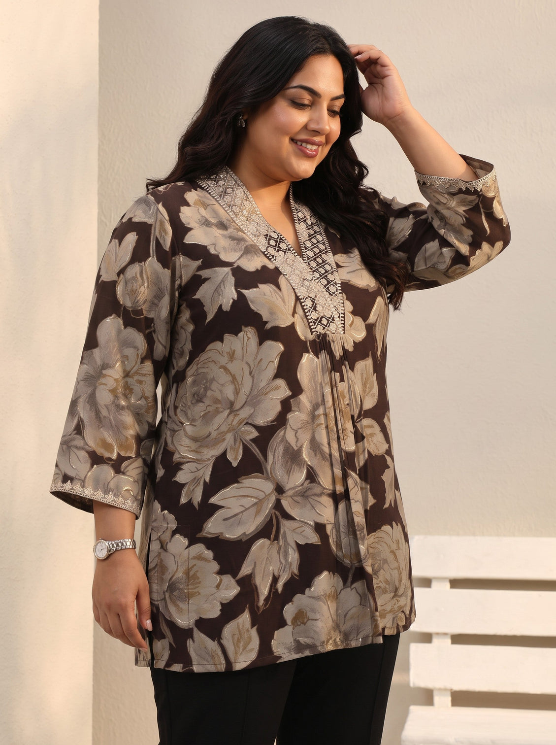Plus Size Brown Floral Printed Silk Blend Straight Short Kurti