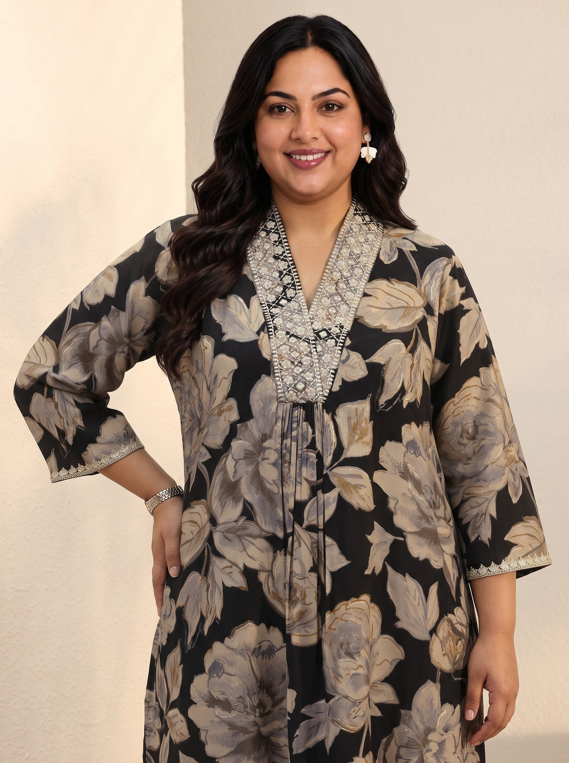 Plus Size Black Floral Printed Silk Blend Straight Short Kurti