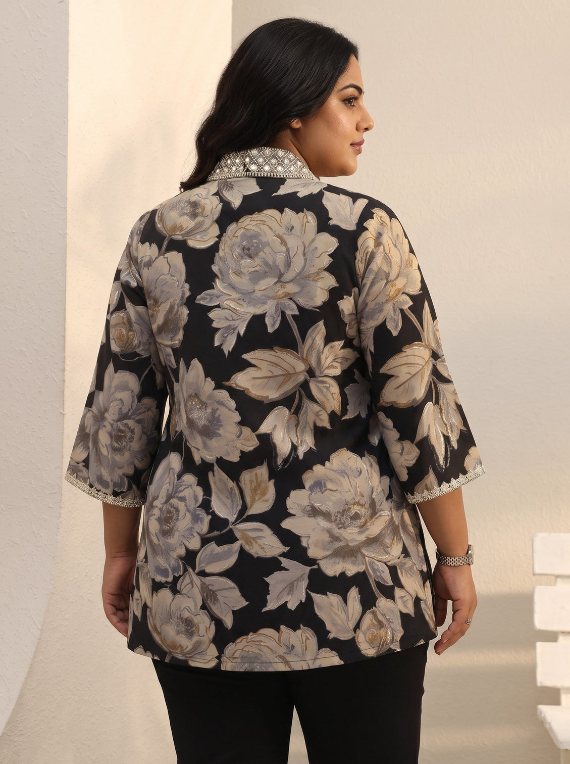 Plus Size Black Floral Printed Silk Blend Straight Short Kurti