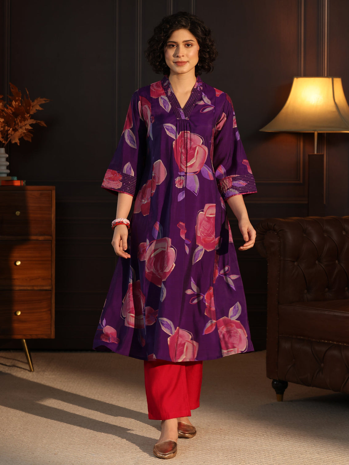 Mameraa Purple Floral printed A-Line Kurta