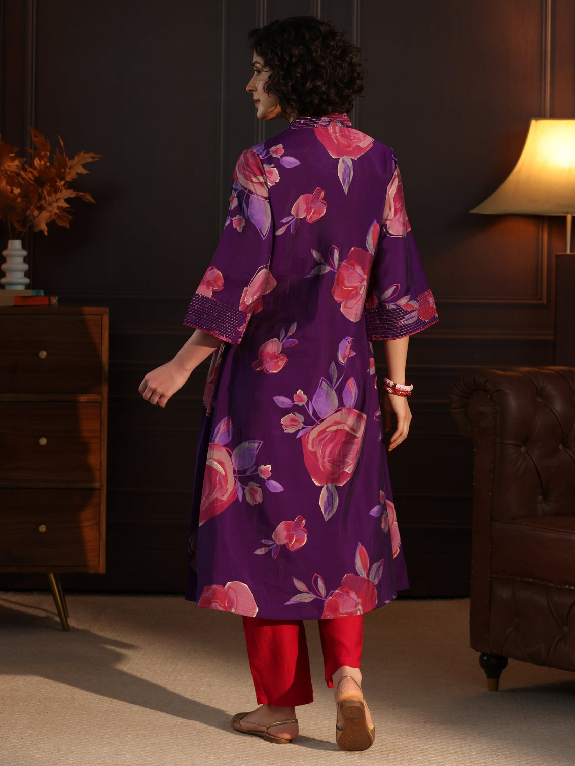 Mameraa Purple Floral printed A-Line Kurta