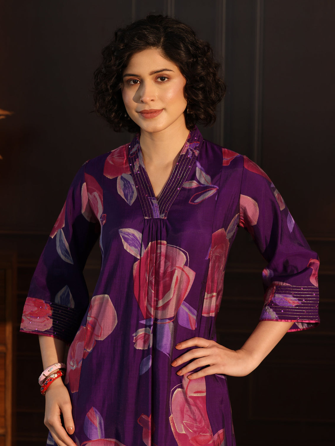 Mameraa Purple Floral printed A-Line Kurta