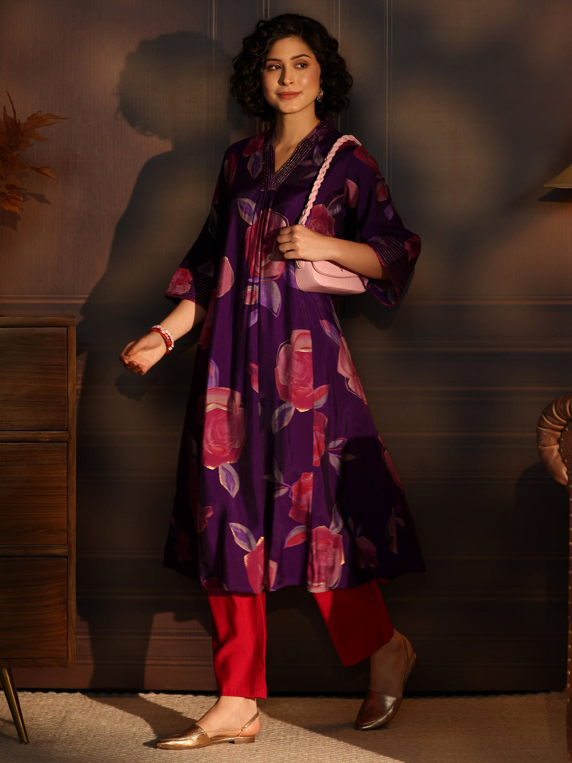 Mameraa Purple Floral printed A-Line Kurta