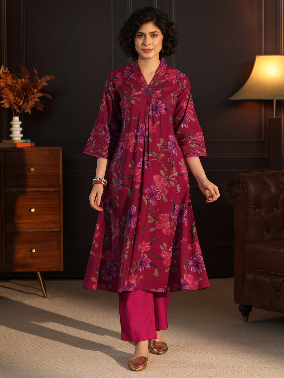 Mameraa Pink Floral printed A-Line Kurta