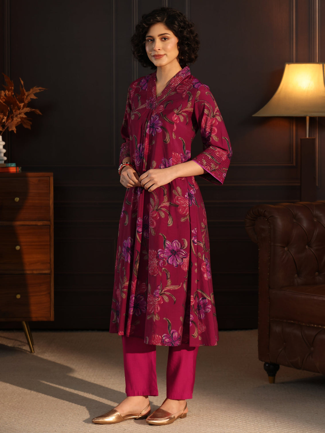 Mameraa Pink Floral printed A-Line Kurta