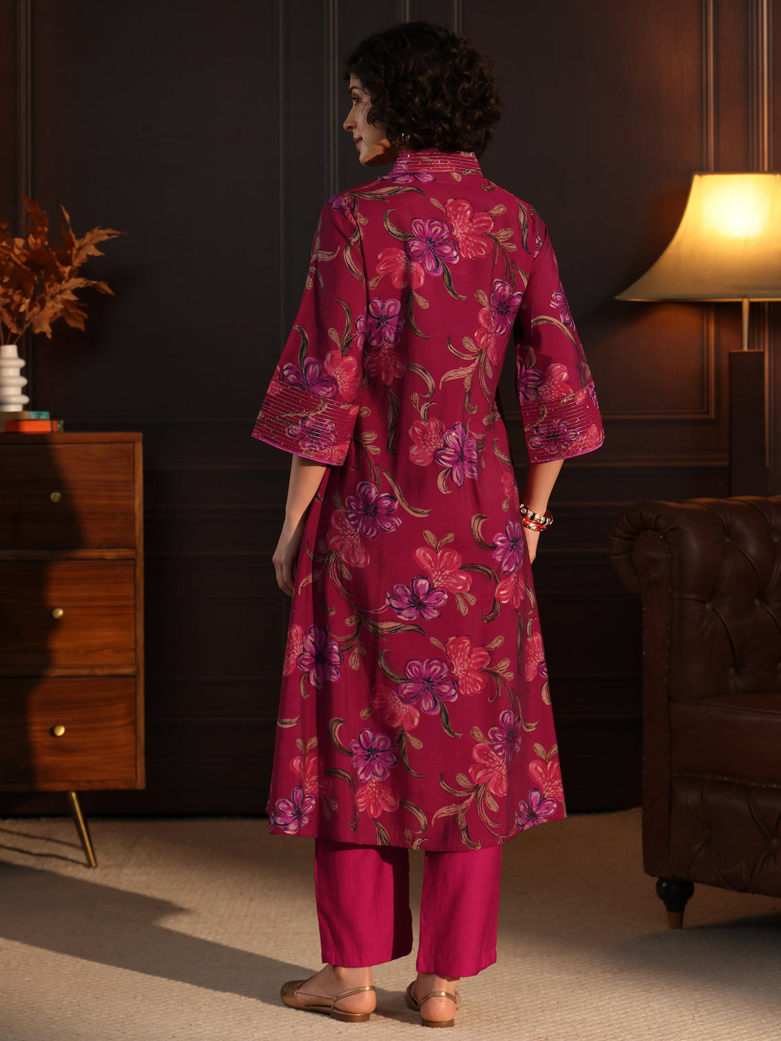 Mameraa Pink Floral printed A-Line Kurta