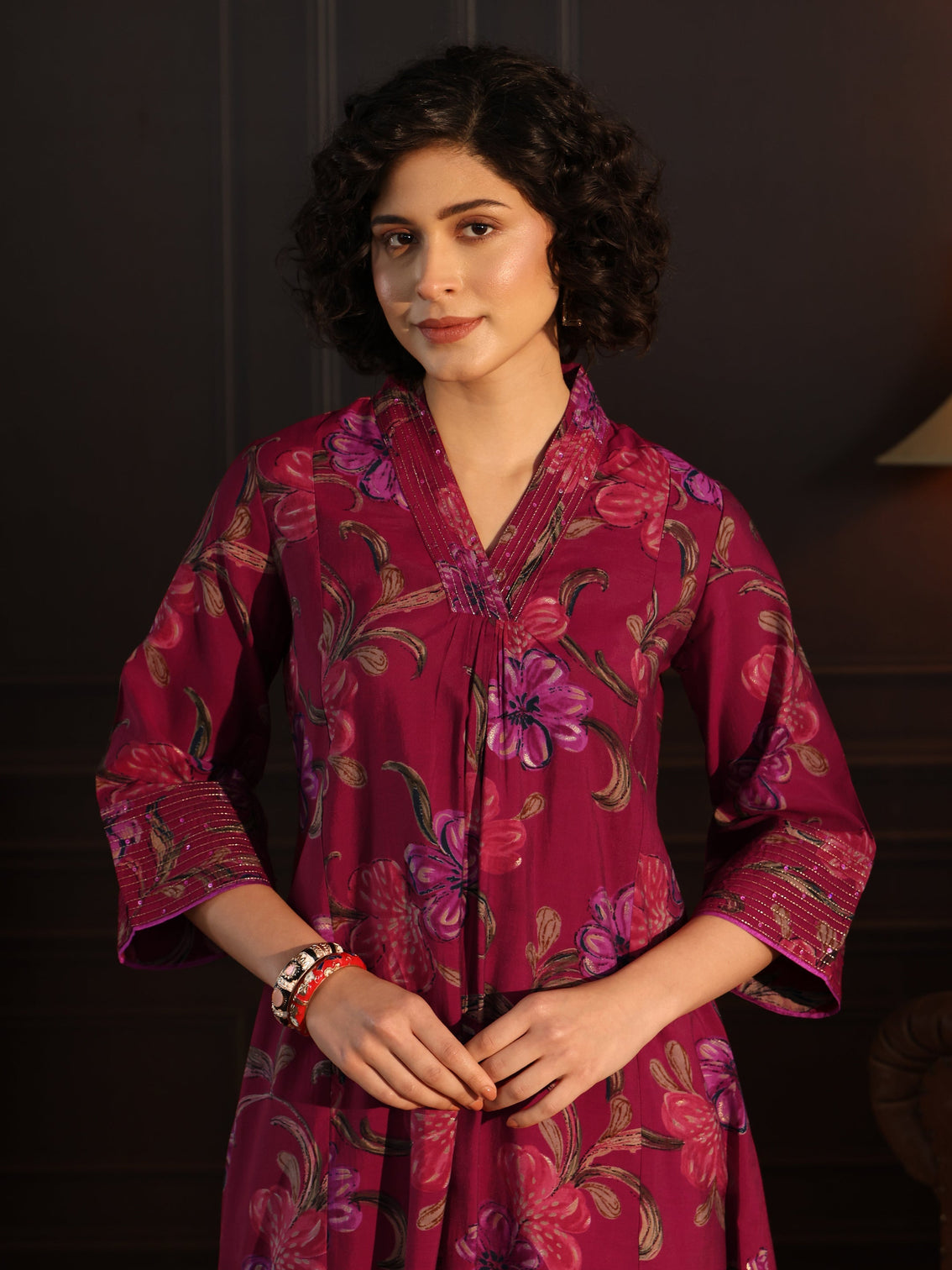 Mameraa Pink Floral printed A-Line Kurta
