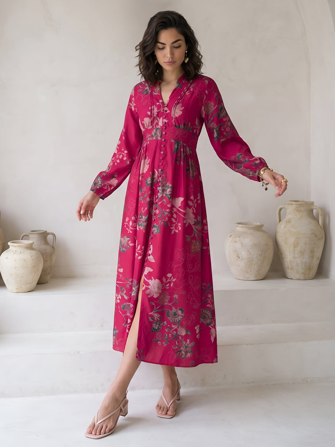 Mameraa Pink Floral Printed A-Line Silk Blend Dress