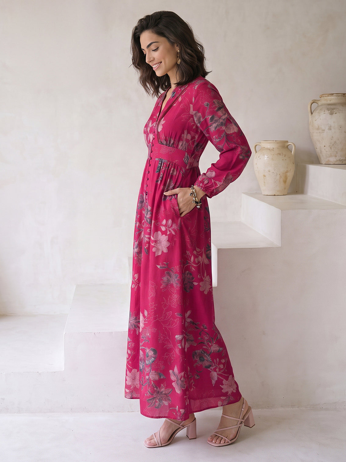Mameraa Pink Floral Printed A-Line Silk Blend Dress