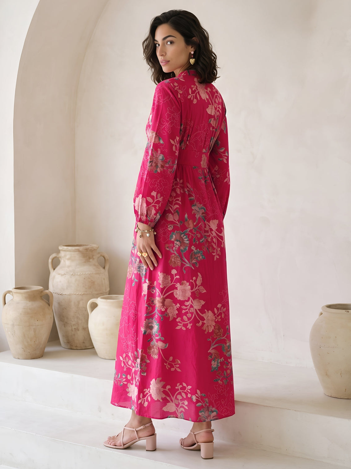 Mameraa Pink Floral Printed A-Line Silk Blend Dress