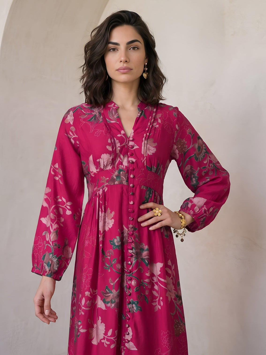 Mameraa Pink Floral Printed A-Line Silk Blend Dress