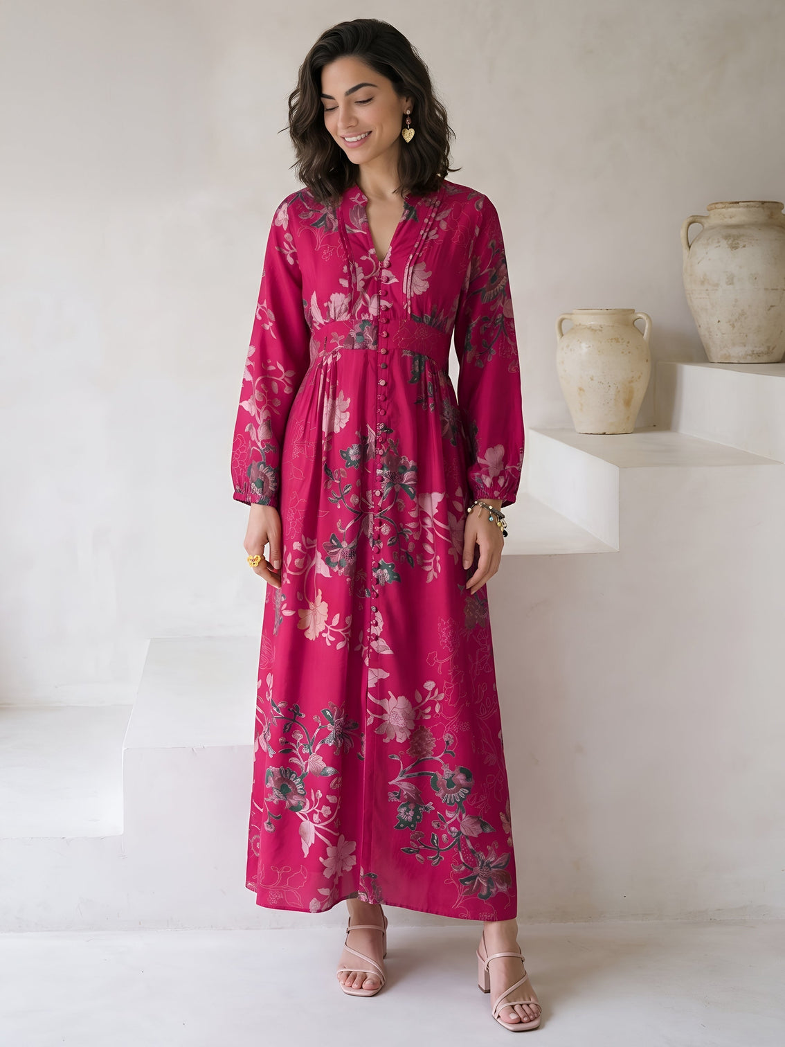 Mameraa Pink Floral Printed A-Line Silk Blend Dress