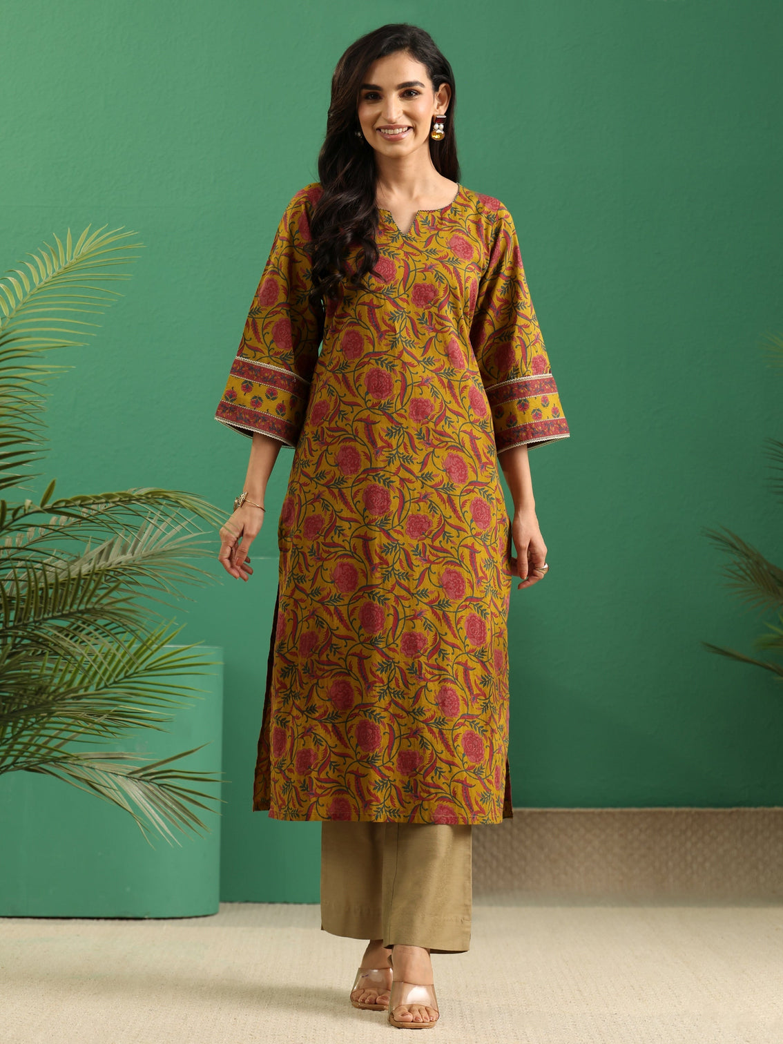 Mameraa Mustard Floral Printed Cotton Straight Kurta