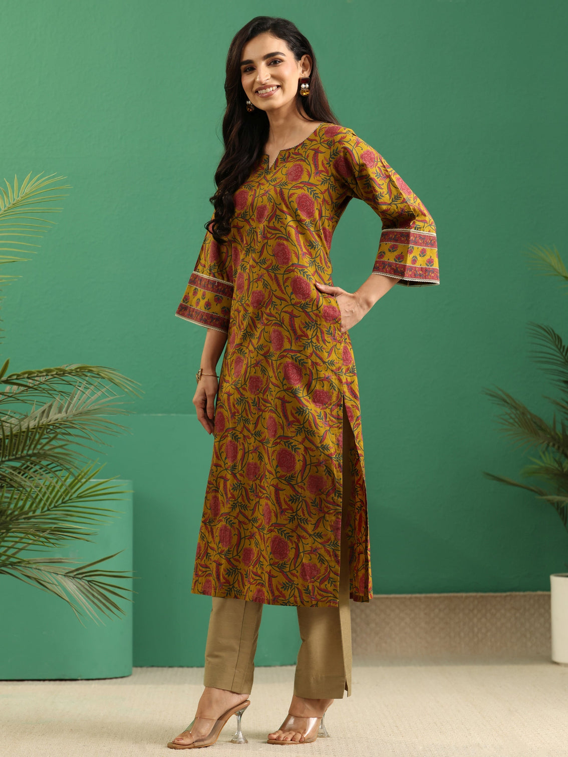 Mameraa Mustard Floral Printed Cotton Straight Kurta