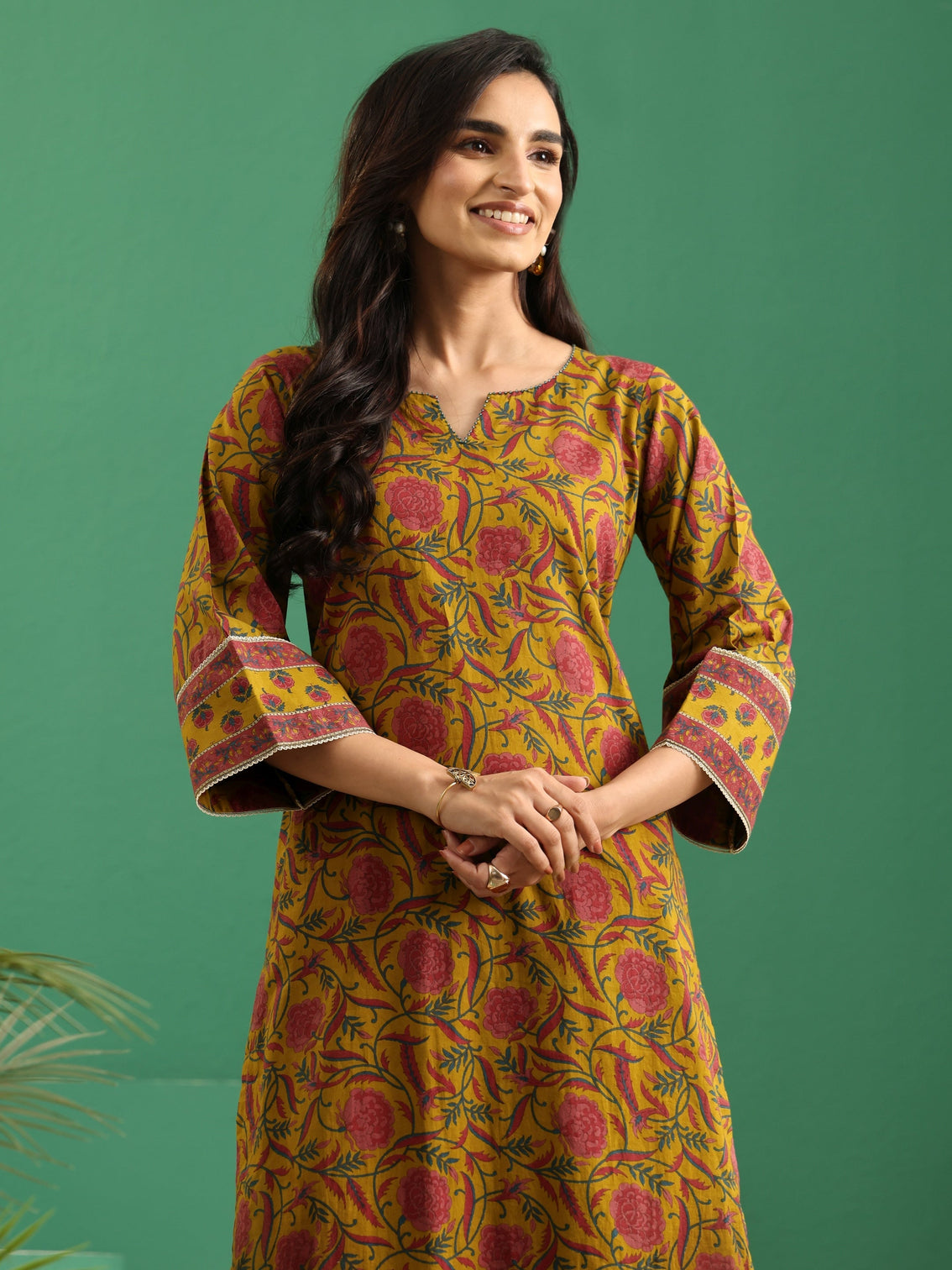 Mameraa Mustard Floral Printed Cotton Straight Kurta