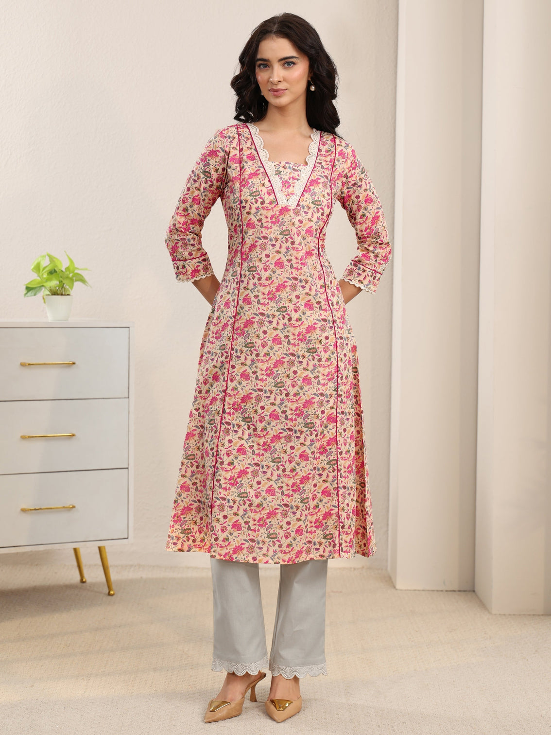 Mameraa Beige Floral Printed Cotton A-Line Kurta